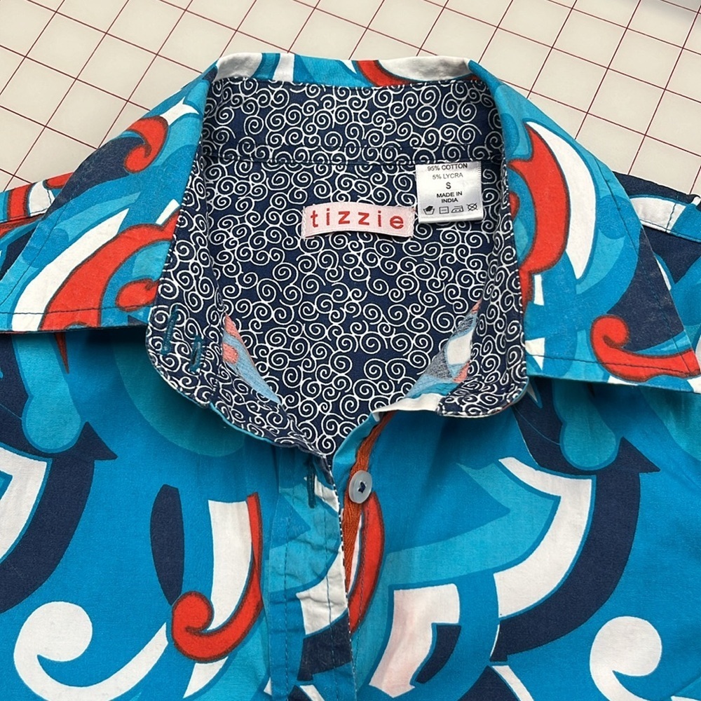 TIZZIE Artsy Mod Print Contrast French Cuff Preppy Retro Blue/Red Cotton Top S - Picture 7 of 16